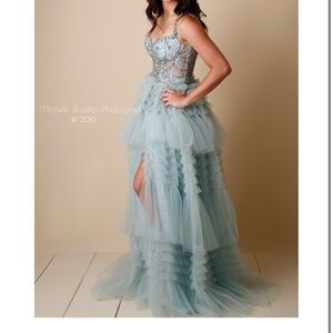 Elegant Blue Tiered Evening Gown